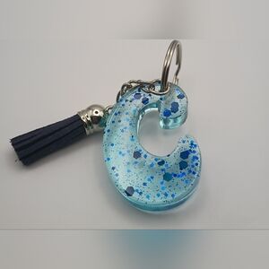 Handmade Epoxy Resin Blue Glitter Letter C Initial Keychain With Tassel